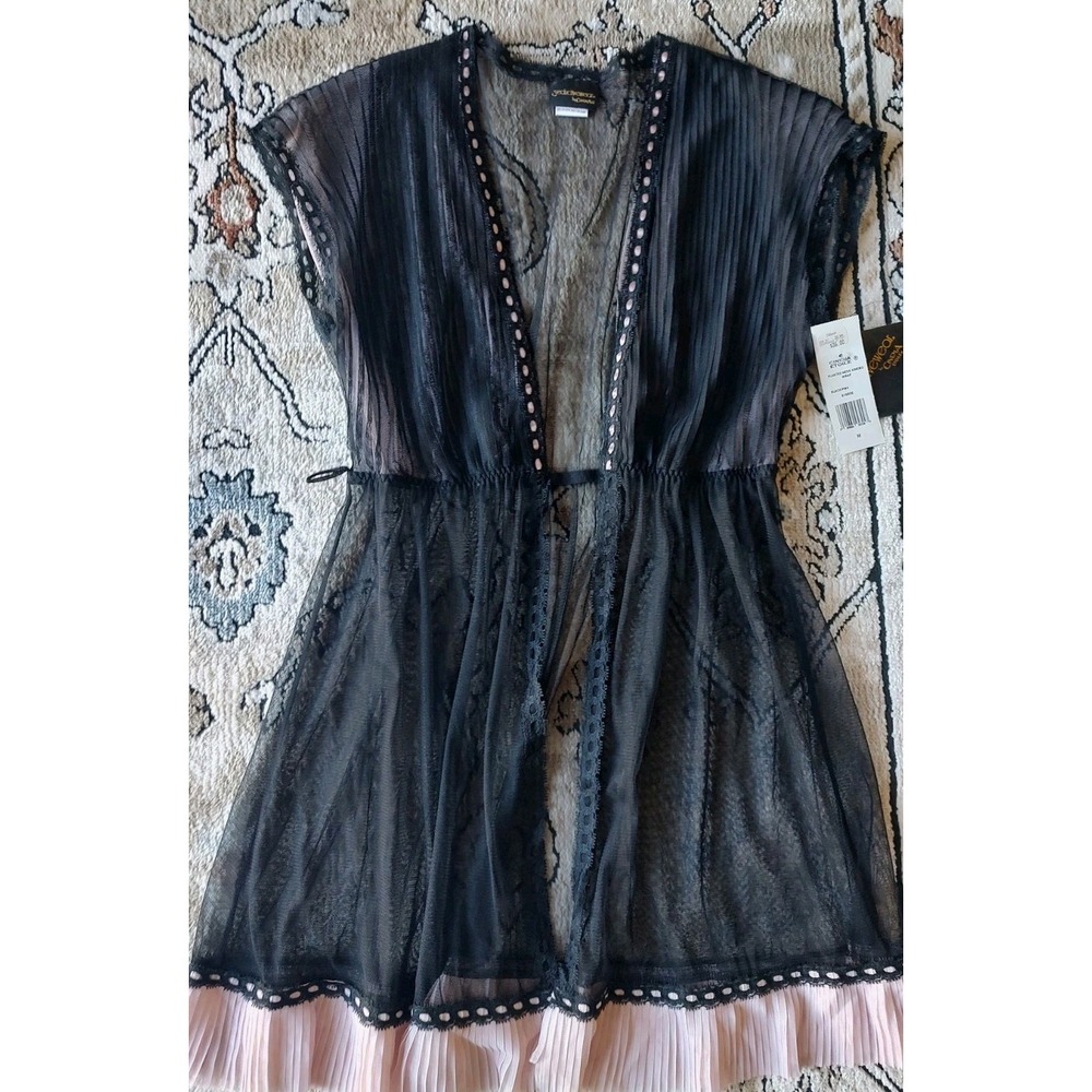 Cinema Etoile Sheer Black Chiffon Lace Robe Coverup Lingerie Coquette Size M NWT